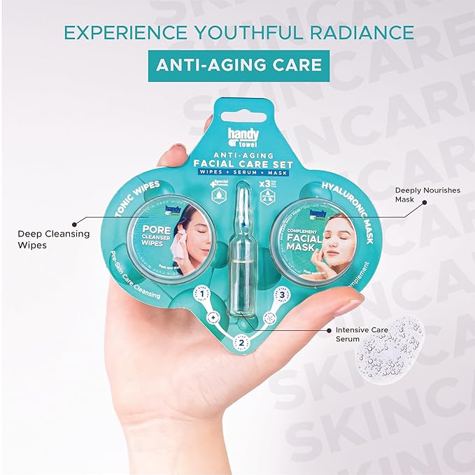 Handy Towel 3-Step Anti-Aging Facial Skin Care Set, Anti Wrinkles Face Kit, Hydrating with Hyaluronic, Propolis Youthful Capsule Skin Care Solution, 3 in 1 Cleanse+Moisturize+Revive Beauty Set