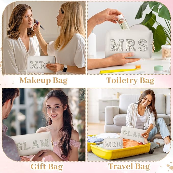 CY2SIDE Mrs Letter Makeup Bag - 2PCS White GLAM and MRS Pearl Rhinestone Letter Patch Cosmetic Bag PU Leather Patch Pouch Waterproof Portable Zipper Travel Organizer for Wedding Bride Christmas Gifts