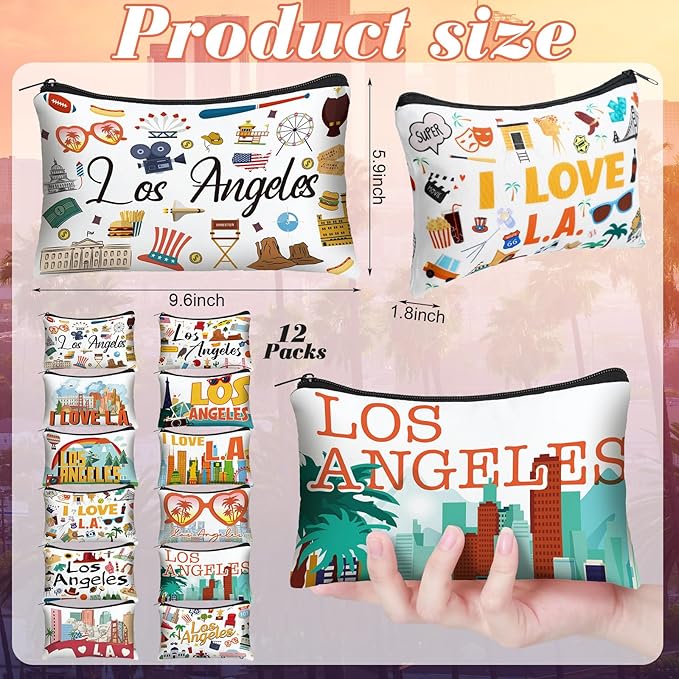 Reginary 12 Pack Cosmetic Bag Travel Souvenirs Gift Makeup Bag Lover Gifts Friendship Family Toiletry Storage for Women Vacation Traveller Trip(Los Angeles)