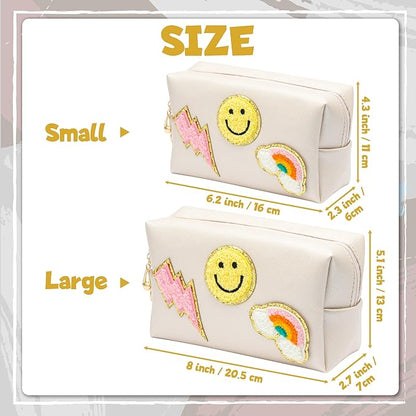LieToi Preppy Patch Cosmetic Toiletry Bag, PU Leather Portable Waterproof Makeup Bag Smile Lightning Rainbow Organizer Compliant Bag Daily Travel Use Storage Purse for Women Girls (Large, Shell White)