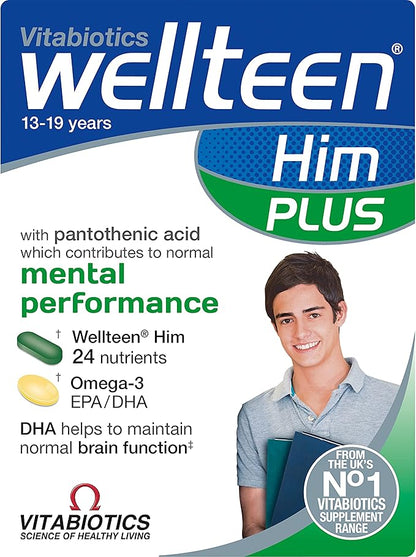 Wellteen Him Plus Omega-3 - Maximum Nutritional Support for Teenagers and Young Men Ages 13-19 - 56 Tablets and Capsules
