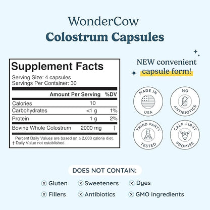 WONDERCOW Colostrum Capsules Supplement for Gut Health, Immune Support, Muscle Recovery & Wellness | Natural IgG Pure Whole Bovine Colostrum Superfood, Unflavored, 30 Servings