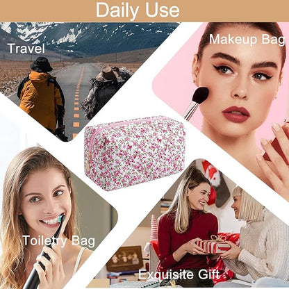 Makeup Bag Travel Cosmetic Bag for Women Girls, Zipper Make Up Pouch, Floral Flowers Toiletry Organizer Makeup, Portable Storage Cosmetic Travel Cloth Bag (Red Small Flower)