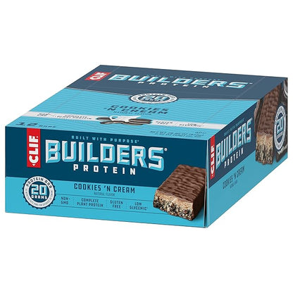 CLIF Builders - Cookies 'n Cream Flavor - Plant Based Protein Bars - Gluten Free - Non-GMO - Low Glycemic - 20g Protein - 2.4 oz. (12 Count)