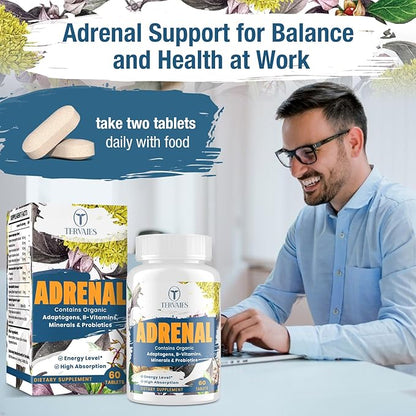 Adrenal Support Adaptogens Herbs Supplements - Cortisol Supplement with Rhodiola Rosea, Ashwagandha, Holy Basil and Eleuthero-Mood and Energy Support for Women & Men-Non-GMO, 60 Vegan Tablets