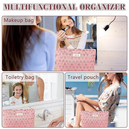 ZLFSRQ Heart Makeup Bag Travel Cute Cosmetic Bags for Women Large Toiletry Pouch Zipper Cosmetic Pouch for Purse Aesthetic Embroidery Makeup Organizer Bag Portable Toiletry Bags(Pink)