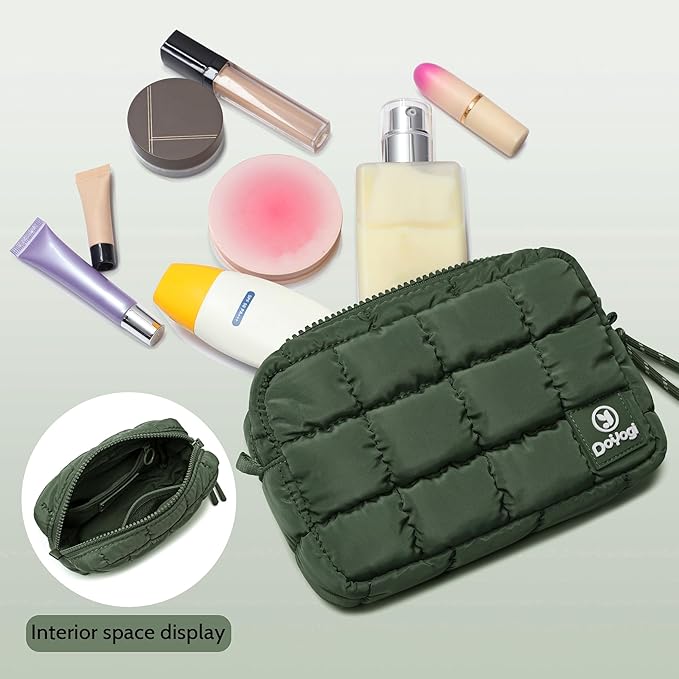 Quilted Cosmetic Bag, Puffer Makeup Bags, Crossbody Purses for women,Cute Travel Toiletry Bag for Women (Green)