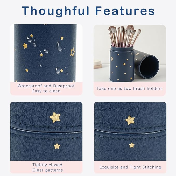 Portable Makeup Brush Holder, Waterproof PU Leather Travel Makeup Brush Case Bag Cup, Brush Storage Dustproof Bag (06Deepblue Star)