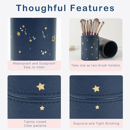 Portable Makeup Brush Holder, Waterproof PU Leather Travel Makeup Brush Case Bag Cup, Brush Storage Dustproof Bag (06Deepblue Star)