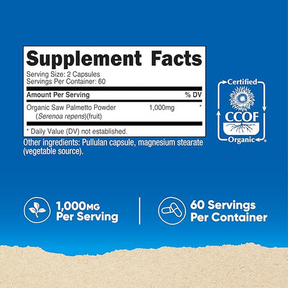 Nutricost Saw Palmetto 1000mg, 120 Capsules - CCOF Certified Made with Organic Saw Palmetto, Vegetarian Friendly, 60 Servings, 500mg Per Capsule, Gluten Free