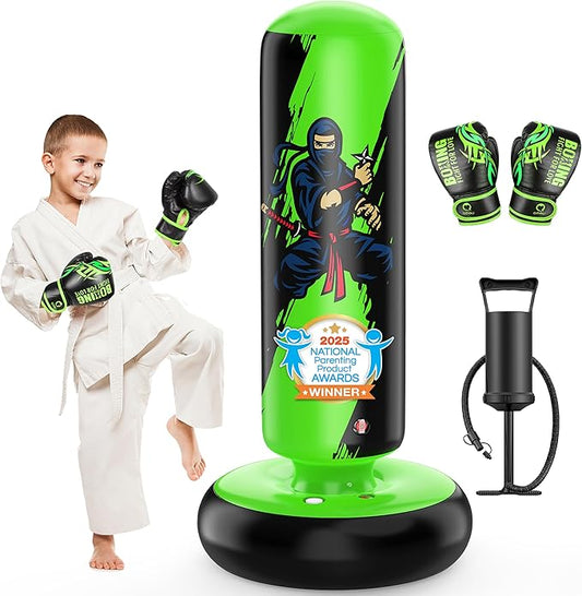 QPAU Punching Bag for Kids, 66 Inch Stable Inflatable Boxing Bag with Boxing Gloves, Stand Kids Punching Bag Toy for Boys & Girls Age 6-12, Boxing Set for Practicing Karate, Taekwondo, MMA