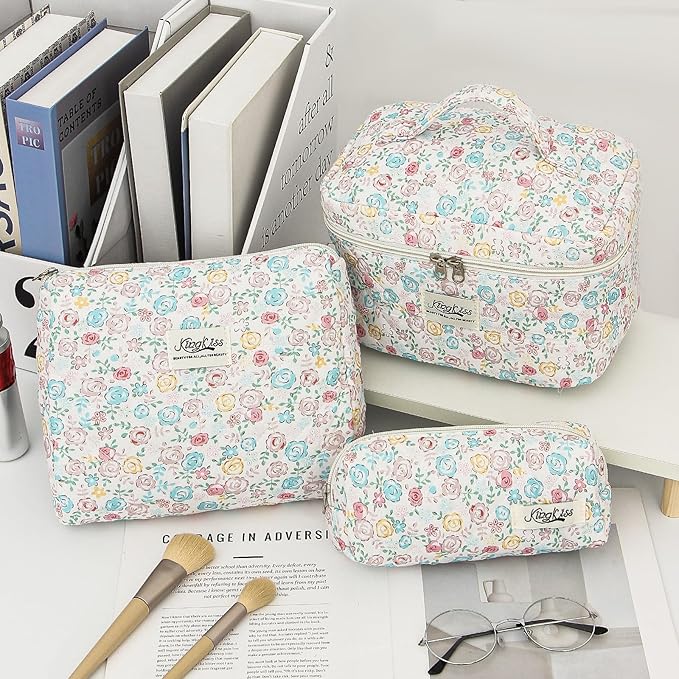 kingkiss Makeup Bag, Quilted Cosmetic Bag, Large Capacity Make Up Bag for Women, Cute Floral Storage Toiletry Bag Travel Storage Makeup Bag(Blue#2)