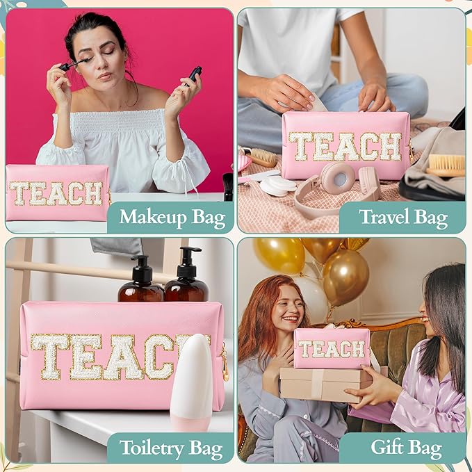 CY2SIDE TEACH Letter Makeup Bag - White TEACH Chenille Letter Patch Cosmetic Bag Pink PU Leather Patch Travel Pouch Waterproof Portable Zipper Travel Organizer for Teacher Appreciation Gifts Xams Gift
