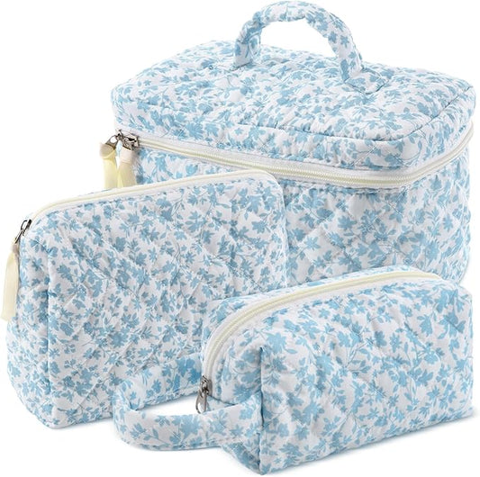 Paterr 3 Pieces Cotton Quilted Makeup Bag Set Coquette Cosmetic Bag Aesthetic Travel Toiletry pouch Cute Pouch Kawaii Aesthetic for Women(Blue,Floral)