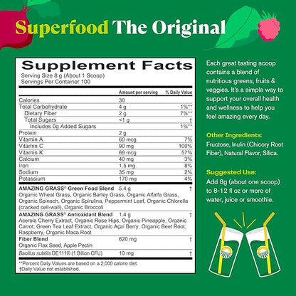Amazing Grass Greens Superfood Powder: Greens Powder with Digestive Enzymes & Probiotics, Organic Spirulina, Chlorella, and Beet Root Powder, Original, 100 Servings