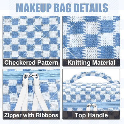 Quilted Makeup Bag Set, 3Pcs Large Checkered Corduroy Cosmetic Bags, Cute Coquette Makeup Bag Toiletry Zipper Pouch Bag for Women and Girls Checkered