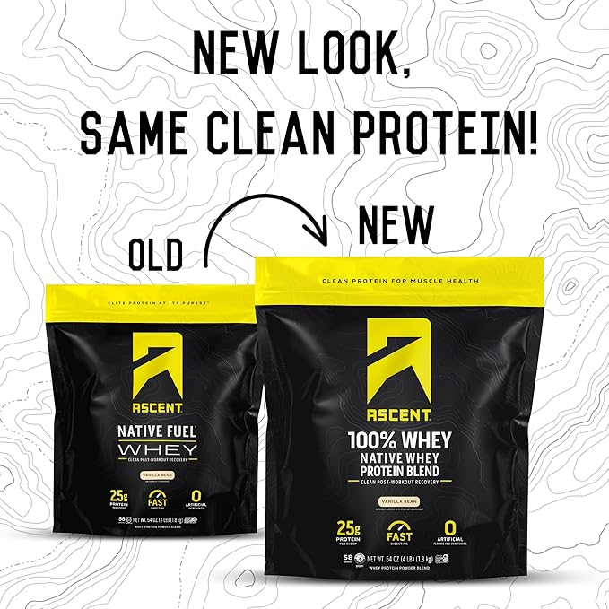 Ascent 100% Whey Protein Powder - Post Workout Whey Protein Isolate, Zero Artificial Flavors & Sweeteners, Gluten Free, 5.5g BCAA, 2.6g Leucine, Essential Amino Acids, Vanilla Bean 4 lb