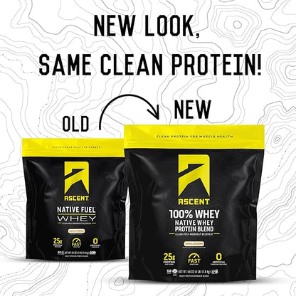 Ascent 100% Whey Protein Powder - Post Workout Whey Protein Isolate, Zero Artificial Flavors & Sweeteners, Gluten Free, 5.5g BCAA, 2.6g Leucine, Essential Amino Acids, Vanilla Bean 4 lb