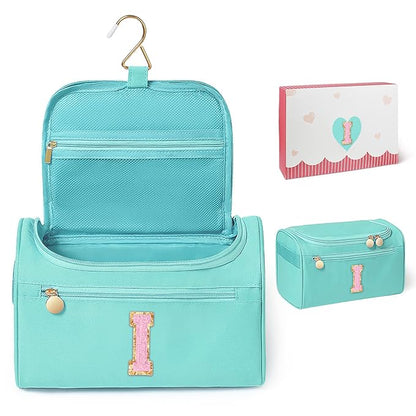 COSHAYSOO Summer Birthday Gifts for Women Her Beach Vacation Gift Ideas Personalized Travel Size Toiletries Organizer, Large Hanging Toiletry Bag Skincare Case Waterproof Traveling Teal Blue Letter I