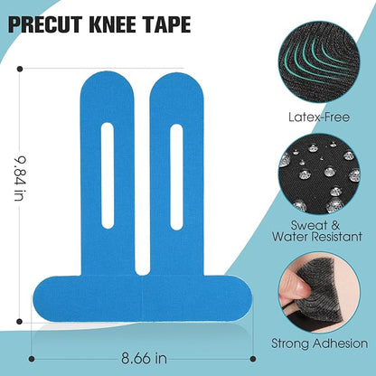 Kinesiology Tape for Knee 12 Pack, Precut Knee Tape for Muscle & Joints, Athletic Sports Tape for Knee Support, Latex Free and Water Resistant, Blue
