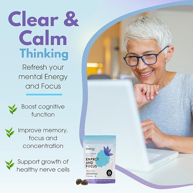 Low-Caffeine Gummies for Energy and Focus w/Vitamin B12, Lion's Mane, L-Theanine - Low Sugar, No Carbs, Gluten Free, Vegan, Nootropic Energy Chew - Blue Raspberry Flavor, 15 Servings
