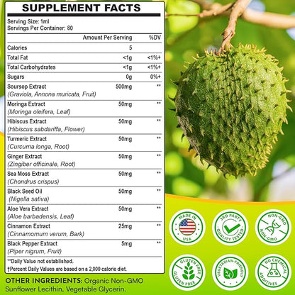 Soursop Bitters Liquid 880MG, Soursop Multivitamin Liquid Drops with Soursop Leaves Herbal Blend, for Cell Support & Regeneration, Immunity, Liver, Gut, Zzz & Antioxidant | 2.8 Fl Oz - 80 Days Supply