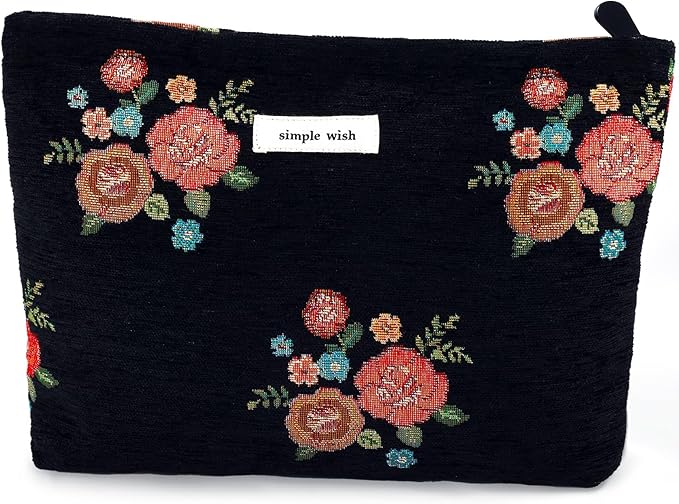 Flower Makeup Bag Travel Floral Cosmetic Bag Large Zipper Makeup Pouch Vintage Black Toiletry Bag for Women Girls Mom Grandma Friend Coworker Teacher Her Bridesmaids Girlfriend Gift
