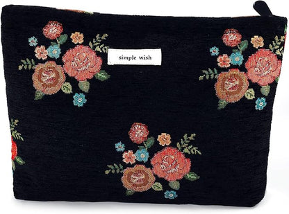 Flower Makeup Bag Travel Floral Cosmetic Bag Large Zipper Makeup Pouch Vintage Black Toiletry Bag for Women Girls Mom Grandma Friend Coworker Teacher Her Bridesmaids Girlfriend Gift