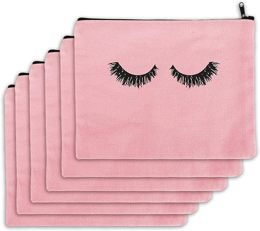 PHOGARY 6PCS Canvas Makeup Pouch, Cosmetic Bag Bulk Travel Make Up Pouch Toiletry Case with Zippered Pocket for Women (Eyelash Pattern) Pink