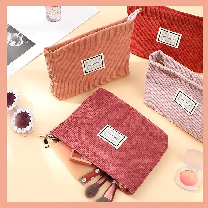 Sanwuta 4 Pack Velvet Makeup Bag Cosmetic Bag for Women Large Capacity Corduroy Pouch Zipper Canvas Travel Toiletry Purse Make up Organizer Case Accessories(Red Series,Plaid)