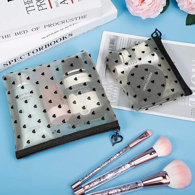 6 Pack Mini Zipper Mesh Makeup Bags, Heart Print Nylon Cosmetic Bags Toiletry Bags for Office Travel Organization (Widened-Beige, XS)
