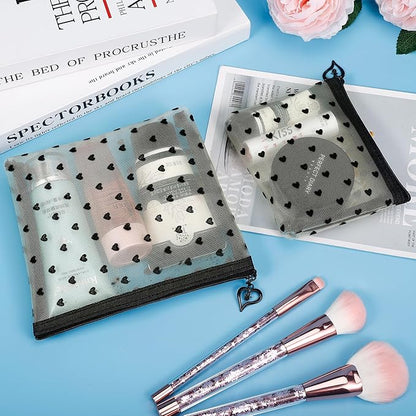 6 Pack Mini Zipper Mesh Makeup Bags, Heart Print Nylon Cosmetic Bags Toiletry Bags for Office Travel Organization (Widened-Beige, XS)