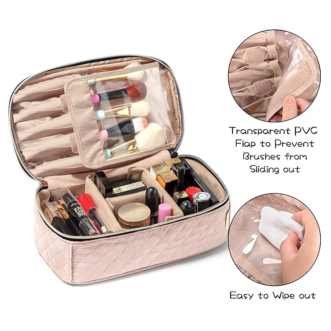 Teamoy Travel Makeup Brush Case, Makeup Train Organizer Bag with Handle for Makeup Brushes(up to 9-inch) and Essentials, Medium, Misty Rose(BAG ONLY)