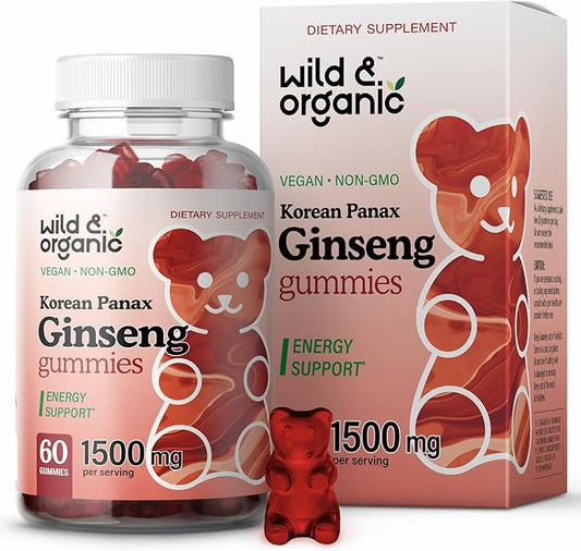 Wild & Organic Panax Ginseng Gummies 1500 mg - Korean Red Ginseng Supplement for Energy, Brain & Immune Support - Vegan, Non-GMO Root Powder Based Chews - 60 Count