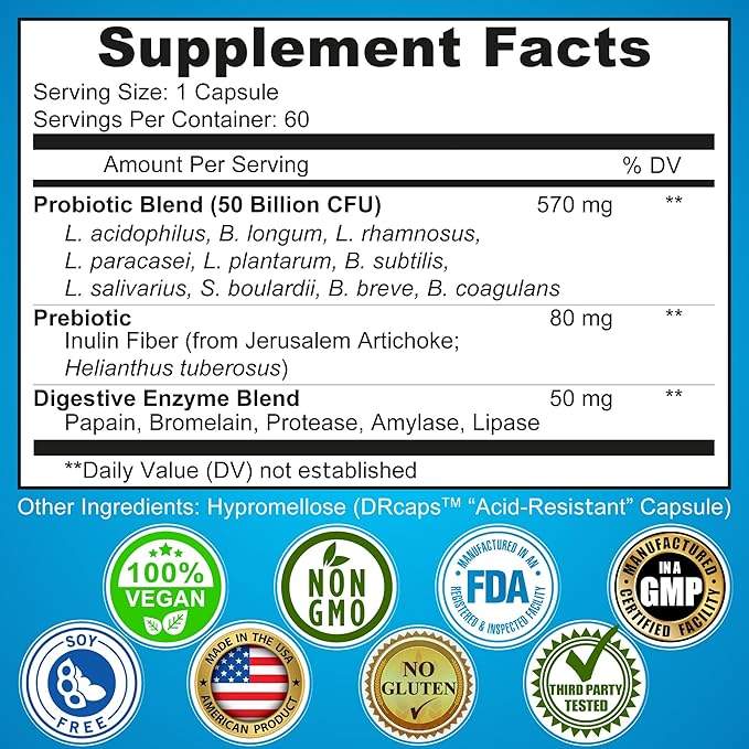 Probiotics with Digestive Enzymes and Prebiotic for Women and Men - 3-in-1 Vegan Probiotic Prebiotic Multi Enzyme Complex for Gut Health - Maximum Absorption Delayed-Release Capsules