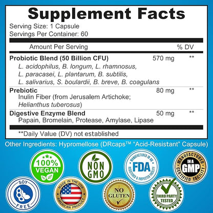 Probiotics with Digestive Enzymes and Prebiotic for Women and Men - 3-in-1 Vegan Probiotic Prebiotic Multi Enzyme Complex for Gut Health - Maximum Absorption Delayed-Release Capsules