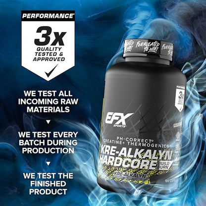 EFX Sports Kre-Alkalyn Hardcore | Thermogenic pH Correct Creatine Monohydrate Pill Supplement | Energy & Strength Pre Workout | 60 Servings, 180 Capsules