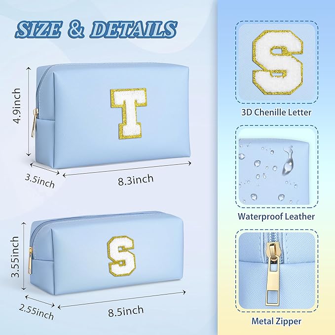 TOPEAST Preppy Stuff Tween Girls Gifts, 2 PCS Monogram Cute Cosmetic Makeup Bag Pouch Case Travel Toiletry Make Up Bag For Women Her Mom Best Friend Sister Teacher Bridesmaid, Blue J