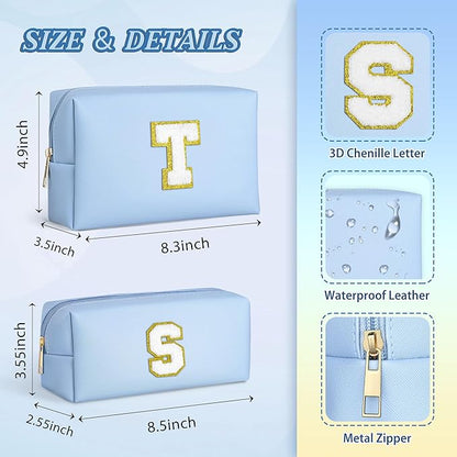 TOPEAST Preppy Stuff Tween Girls Gifts, 2 PCS Monogram Cute Cosmetic Makeup Bag Pouch Case Travel Toiletry Make Up Bag For Women Her Mom Best Friend Sister Teacher Bridesmaid, Blue J