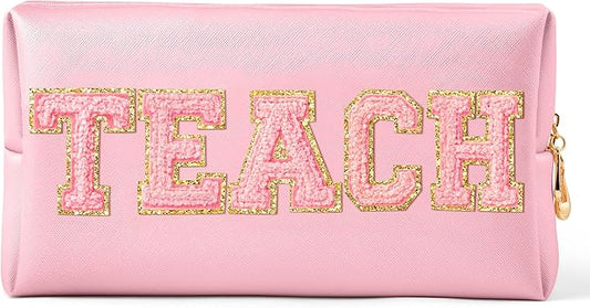 CY2SIDE TEACH Letter Makeup Bag - Pink TEACH Chenille Letter Patch Cosmetic Bag Pink PU Leather Patch Travel Pouch Waterproof Portable Zipper Travel Organizer for Teacher Appreciation Gifts Xams Gift