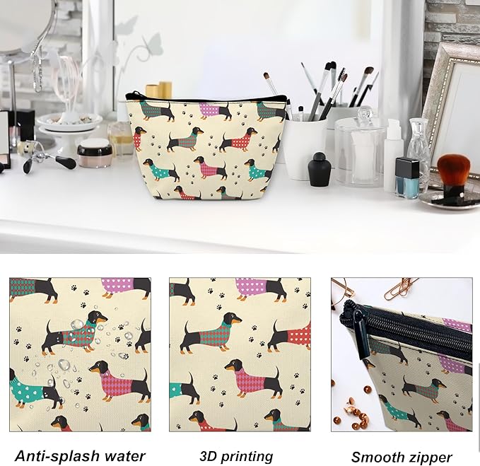 Cute Dachshunds Dog Makeup Bag for Purse, Waterproof Funny Cosmetic Bag for Women, Zipper Travel Toiletry Pouch Gift 9.5×5.9 Inch
