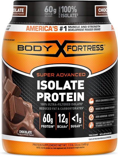 Body Fortress Super Advanced Isolate Protein Powder, Gluten Free, Chocolate, 1.5lbs