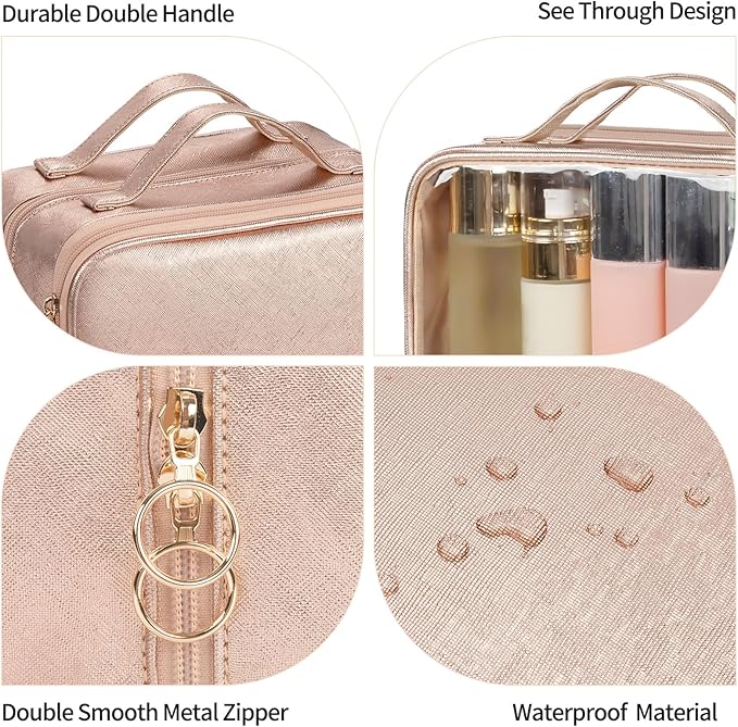 OCHEAL Makeup Bag, Double Layer Cosmetic Bag, Large Capacity New Look Clear Cosmetic Case for Women Travel Beauty Essentials, Multiple Compartments Makeup Case Organizer Zipper Pouch -Rose Glod