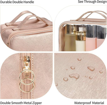 OCHEAL Makeup Bag, Double Layer Cosmetic Bag, Large Capacity New Look Clear Cosmetic Case for Women Travel Beauty Essentials, Multiple Compartments Makeup Case Organizer Zipper Pouch -Rose Glod