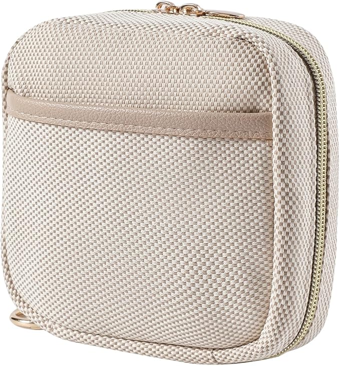 Small Canvas Makeup Bag with Compartments for Purse, Wide-open Makeup Pouch with Zipper and Keychain, Key Pocket Lipstick Bag Travel Organizer Bag（01Beige）