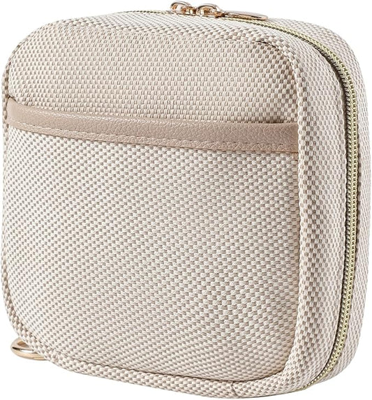 Small Canvas Makeup Bag with Compartments for Purse, Wide-open Makeup Pouch with Zipper and Keychain, Key Pocket Lipstick Bag Travel Organizer Bag（01Beige）