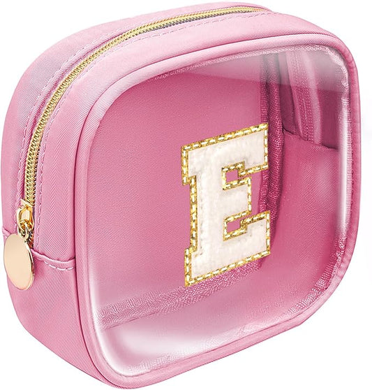 LETGO Initial Travel Essentials Makeup Bag, Make Up Bag Skin Care Clear Toiletry Bag Pouch Cosmetic Bag Case Mini Makeup Bag Personalized Birthday Gifts for Women Teacher Mom Teen Friends (Pink, E)