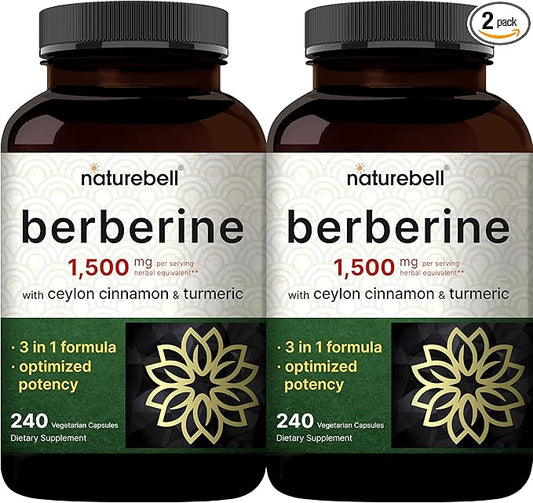 2 Pack Berberine Supplement 1500mg, 480 Veggie Capsules | Plus 1000mg True Ceylon Cinnamon & 300mg Turmeric – 97% Berberine HCL – Plant-Based, Vegan, Non-GMO