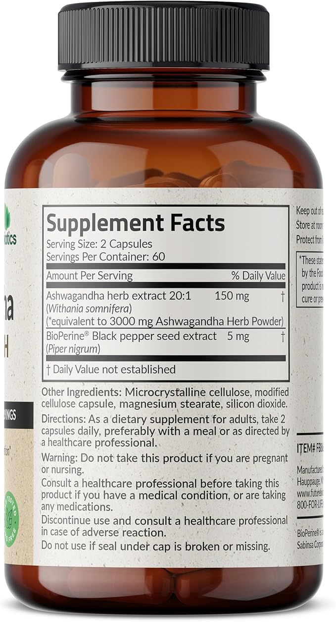 Futurebiotics Ashwagandha Extra Strength Stress & Mood Support with BioPerine - Non GMO Formula, 120 Vegetarian Capsules
