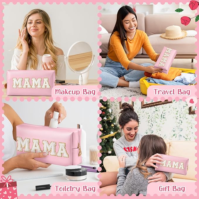 CY2SIDE MAMA Letter Makeup Bag - White Mama Chenille Letter Patch Cosmetic Bag Pink PU Leather Patch Travel Pouch Waterproof Portable Zipper Travel Organizer Case Christmas Idea Gifts for Mom Women
